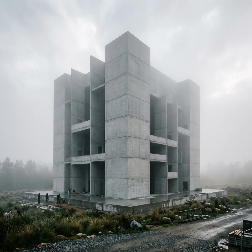 GOGER building — foggy morning moody